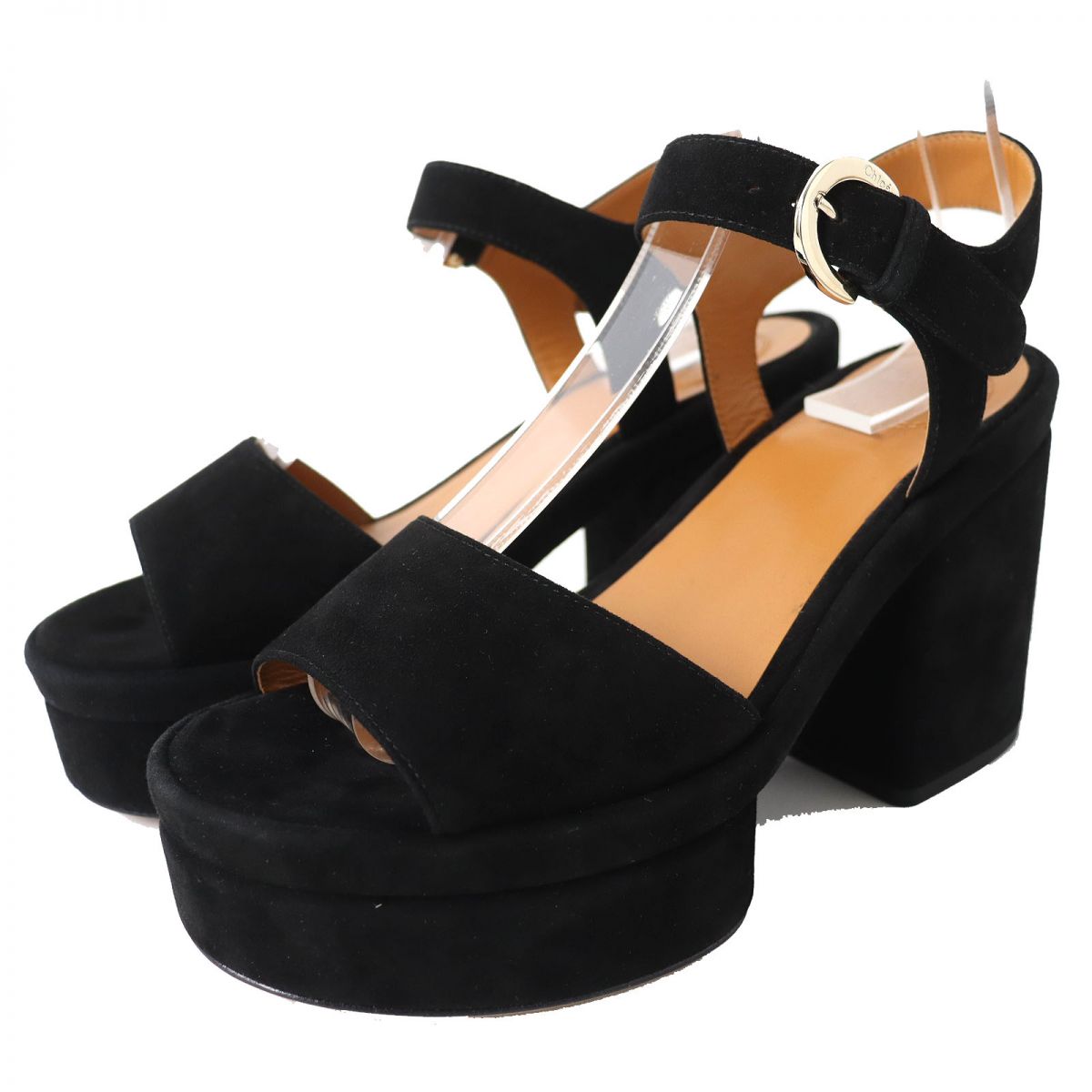 Chloe Suede Leather Platform Heel Sandals Black 36