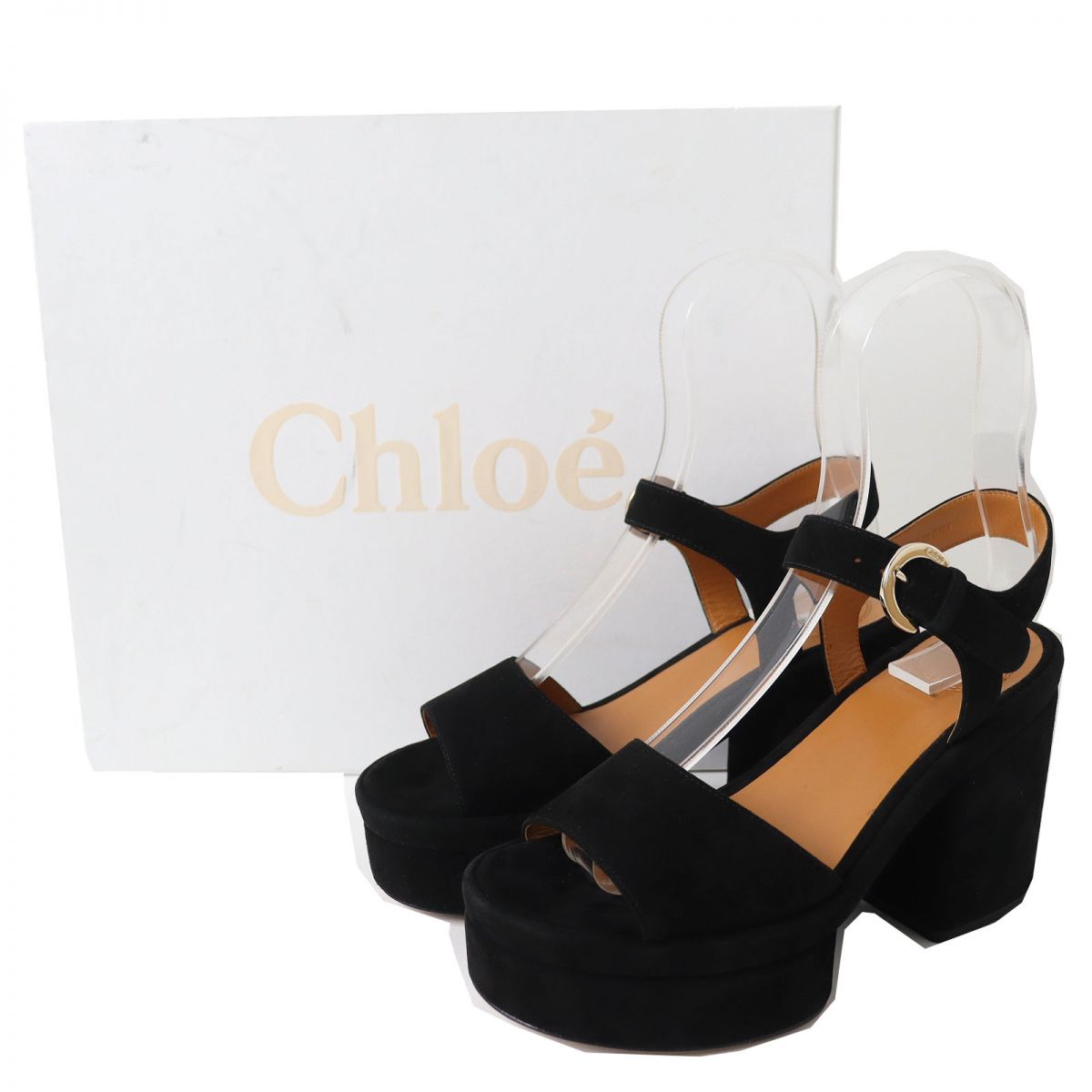 Chloe Suede Leather Platform Heel Sandals Black 36