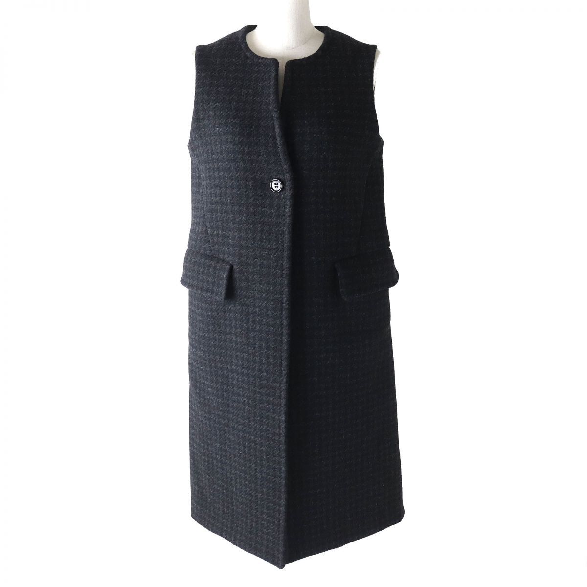 Houndstooth Wool Long Gilet Vest Dark Grey