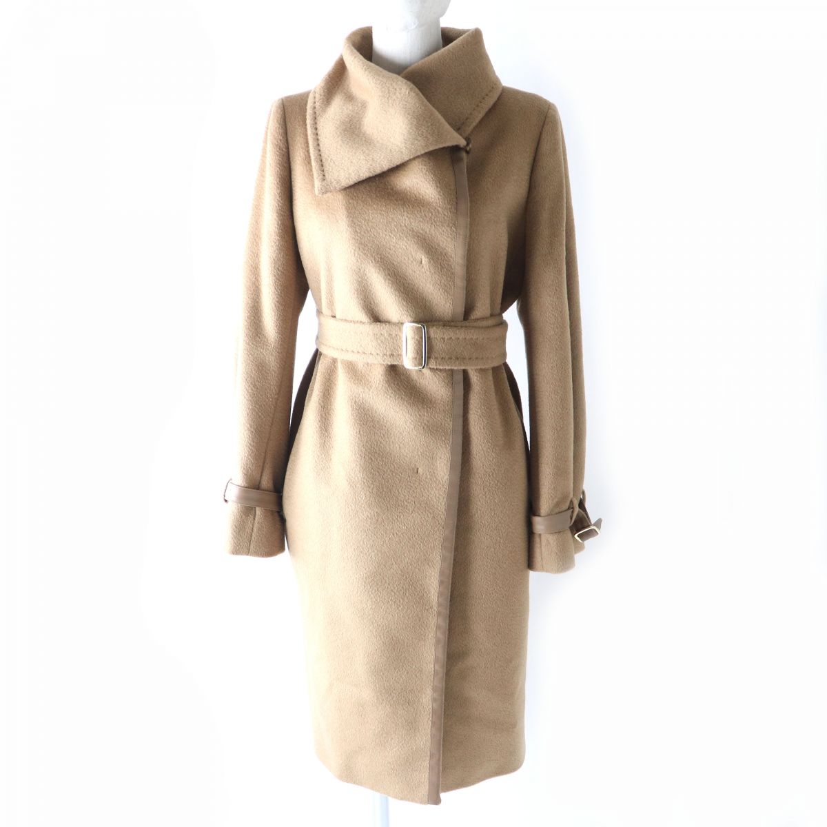 MaxMara Camel Leather Belted Coat Brown