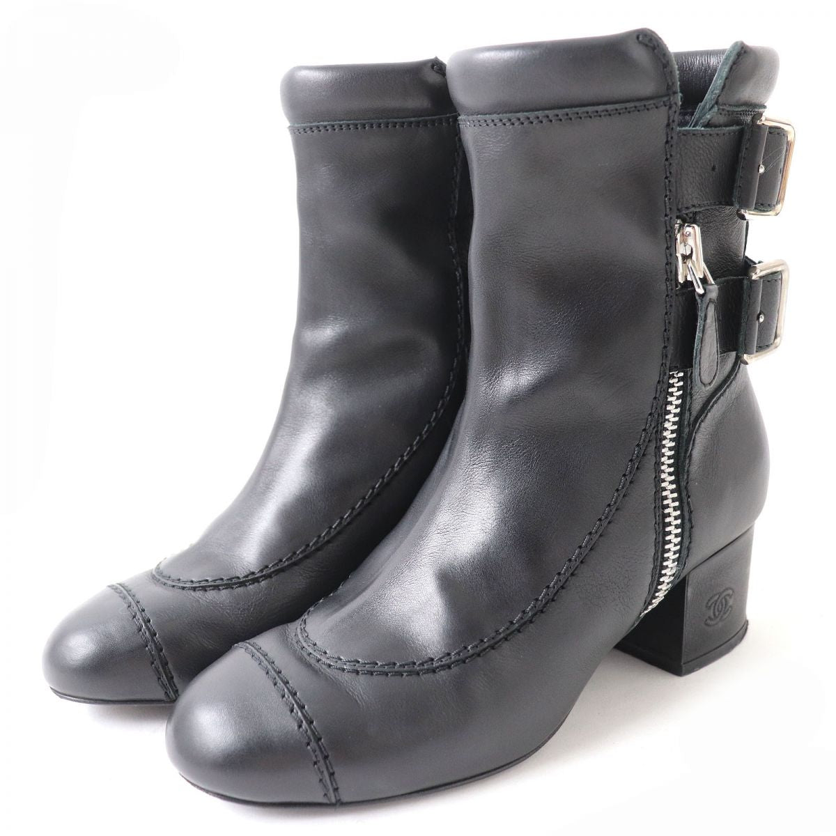 Chanel Leather COCO Mark Strap Zip Boots Black