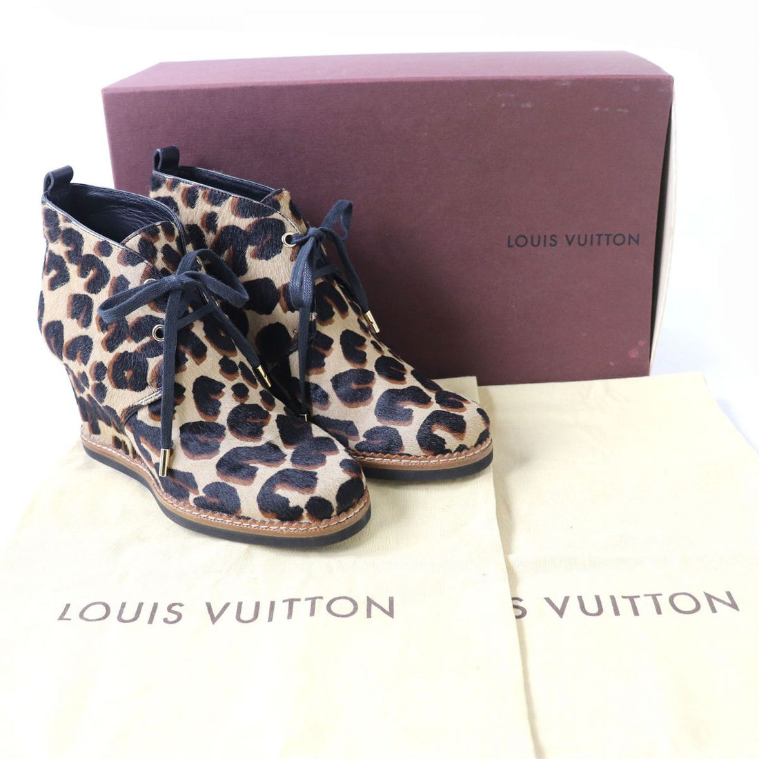 Louis Vuitton Leopard Harako Leather Wedge Ankle Boots