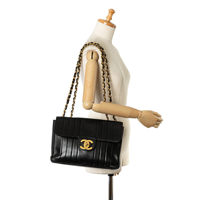 Chanel Mademoiselle Coco Mark Double Flap Chain Shoulder Bag Black Gold Lambskin in Very Good Condition