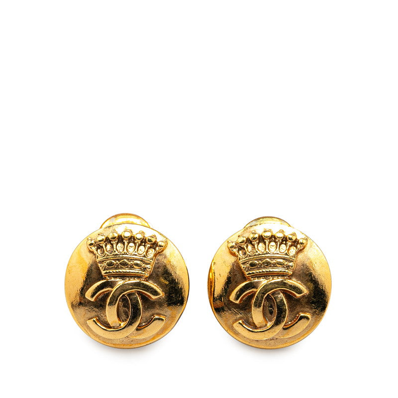 Chanel Vintage Coco Mark Crown Motif Clip-On Earrings Gold in Very Good Condition