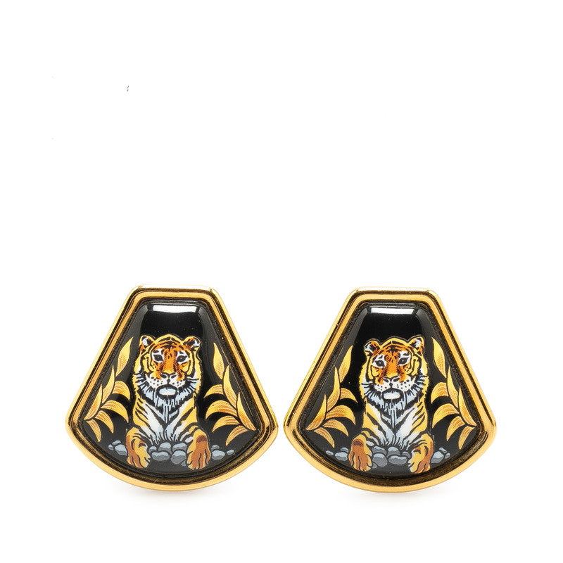 Hermes Enamel Tiger Earrings Gold Black in Great Condition