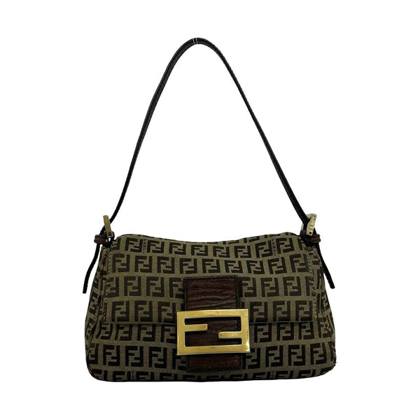 Fendi Zucchino Canvas Leather Shoulder Bag