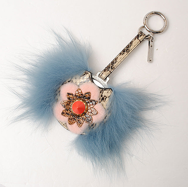 Fendi Mink Fur Python Bag Charm Key Ring Flower Mirror 7AR455 in Pristine Condition