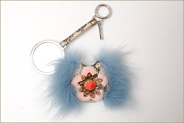 Fendi Mink Fur Python Bag Charm Key Ring Flower Mirror 7AR455 in Pristine Condition