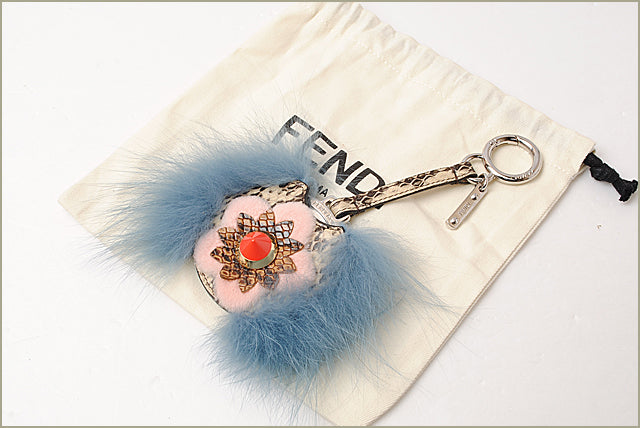 Fendi Mink Fur Python Bag Charm Key Ring Flower Mirror 7AR455 in Pristine Condition