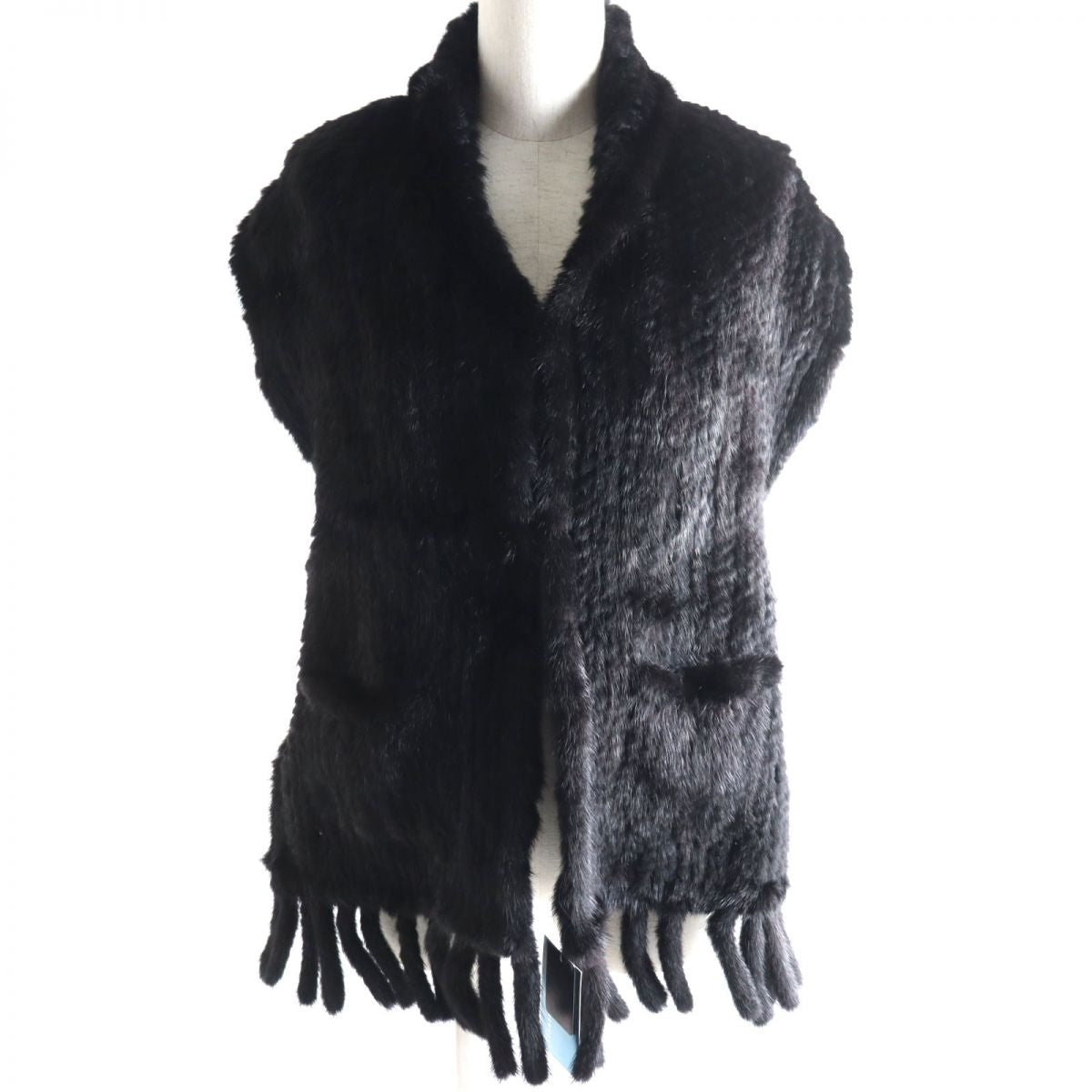 Mink Fur Shawl with Pocket and Tassels