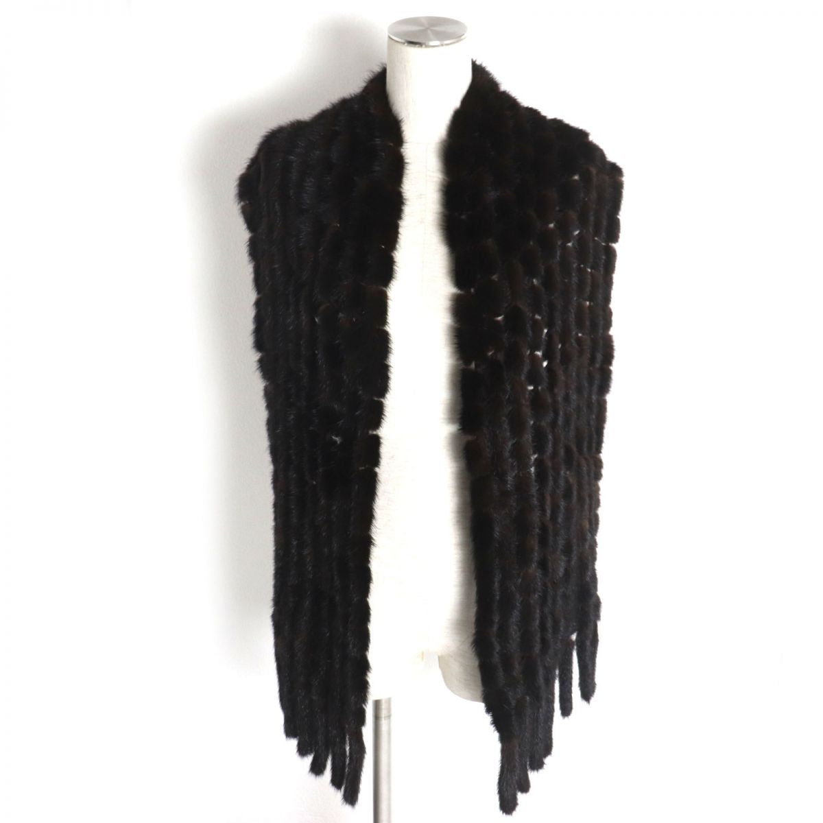 Mink Fringe Real Fur Shawl Stole Dark Brown