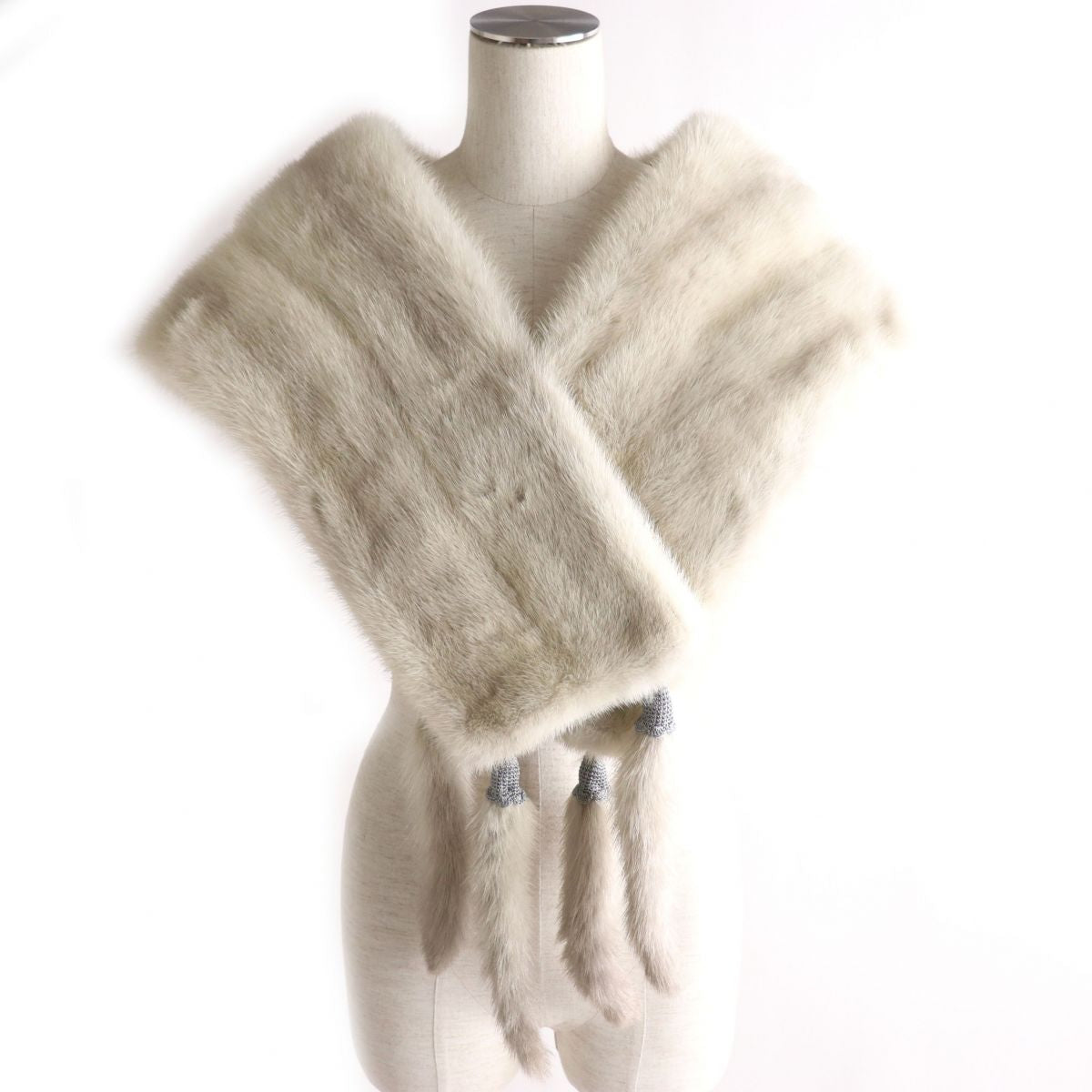 Sapphire Mink Fur Shawl with Tassels, Grey