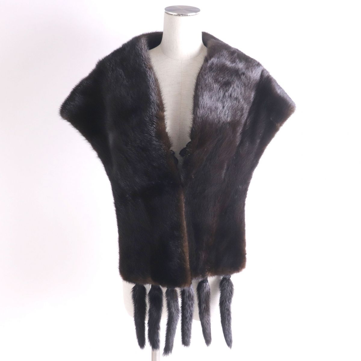 JINDO Mink Fur Shawl with Tassels, Dark Brown