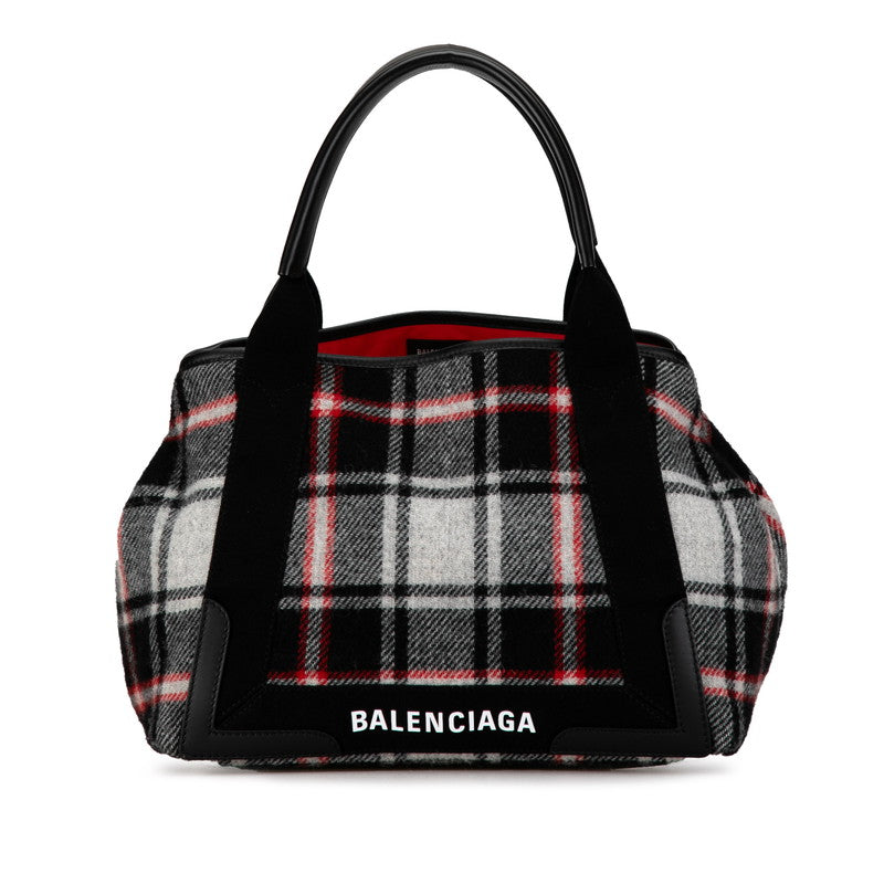 Balenciaga Wool Leather Navy Cabas M Check Handbag Tote 339933 in Great Condition