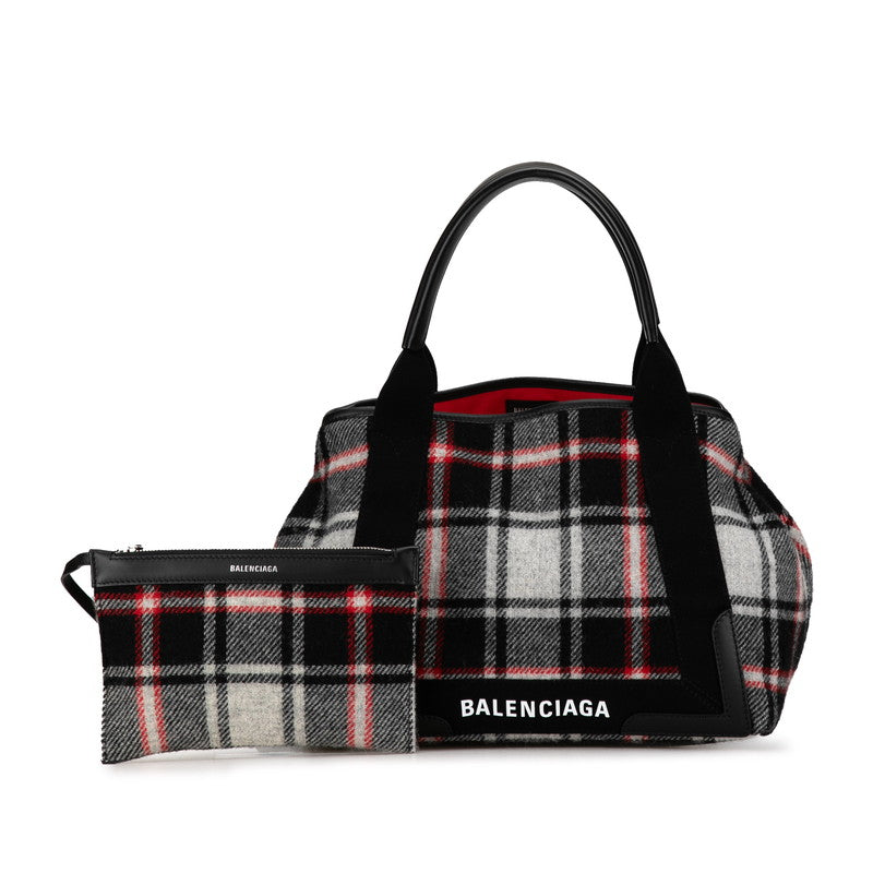 Balenciaga Wool Leather Navy Cabas M Check Handbag Tote 339933 in Great Condition