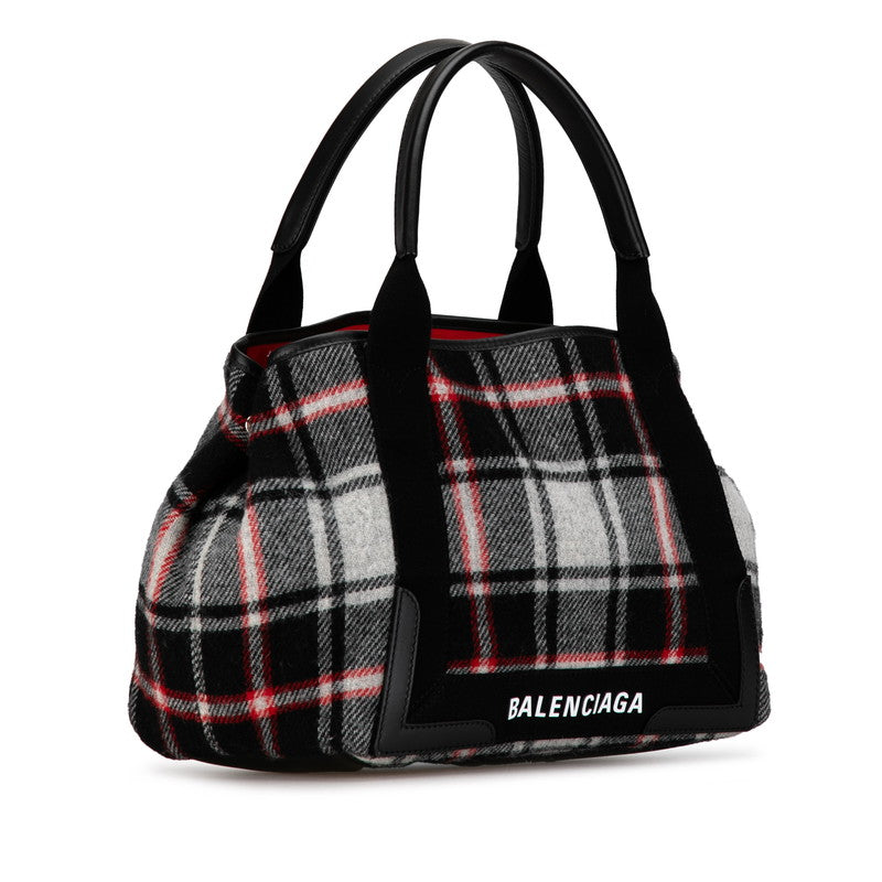 Balenciaga Wool Leather Navy Cabas M Check Handbag Tote 339933 in Great Condition