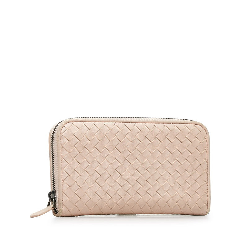 Bottega Veneta Pink Leather Intrecciato Zip-Around Wallet in Very Good Condition