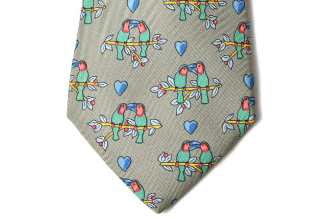 Hermes Silk 100% Parrot Light Gray/Green Tie in Excellent Condition