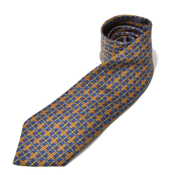 Hermes 100% Silk Tie 7.5cm Navy/Yellow in Pristine Condition