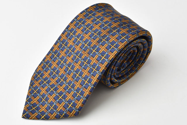 Hermes 100% Silk Tie 7.5cm Navy/Yellow in Pristine Condition