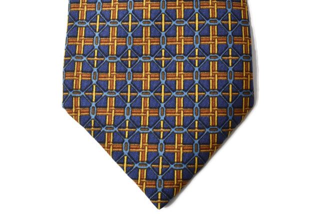 Hermes 100% Silk Tie 7.5cm Navy/Yellow in Pristine Condition