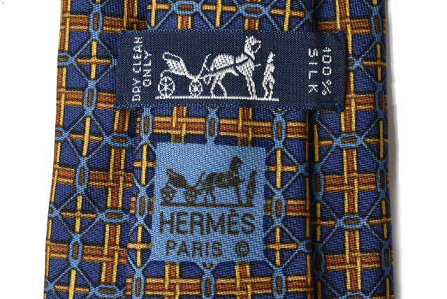 Hermes 100% Silk Tie 7.5cm Navy/Yellow in Pristine Condition