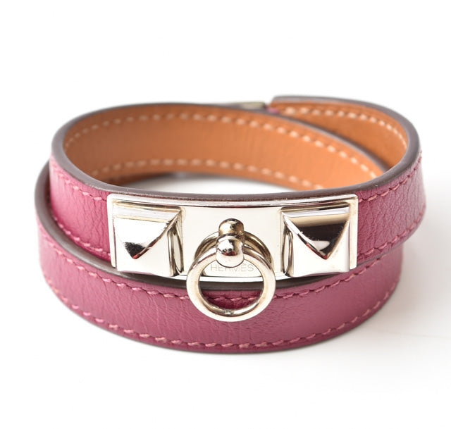 Hermes Leather XS Rivale Double Tour Bracelet Purple/Silver in Excellent Condition