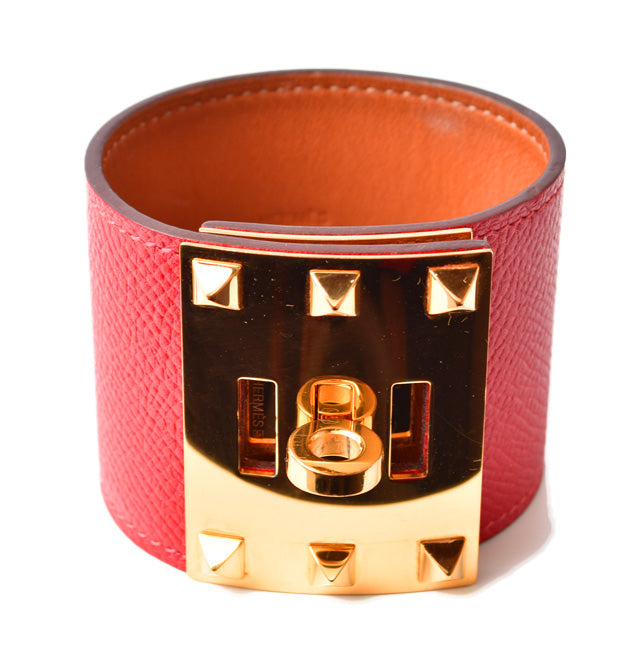 Hermes Leather Bracelet Extreme Vaux Epson Rouge/Gold in Excellent Condition