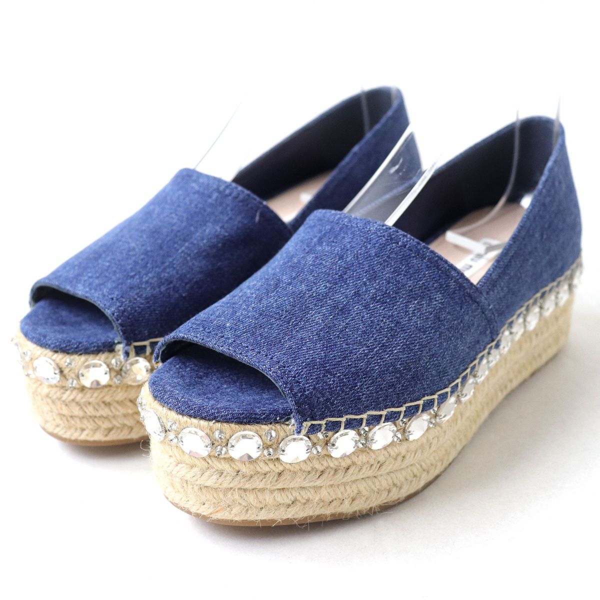 Miu Miu Bejeweled Open Toe Denim Espadrilles