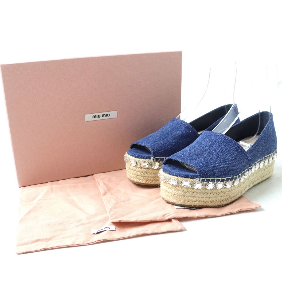 Miu Miu Bejeweled Open Toe Denim Espadrilles