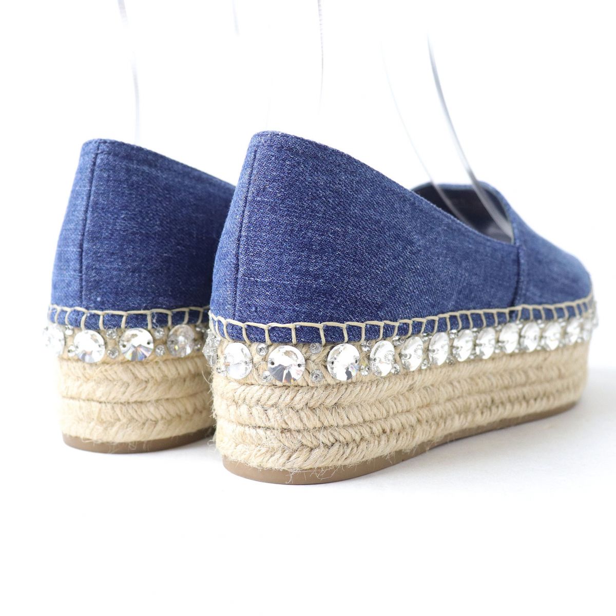 Miu Miu Bejeweled Open Toe Denim Espadrilles