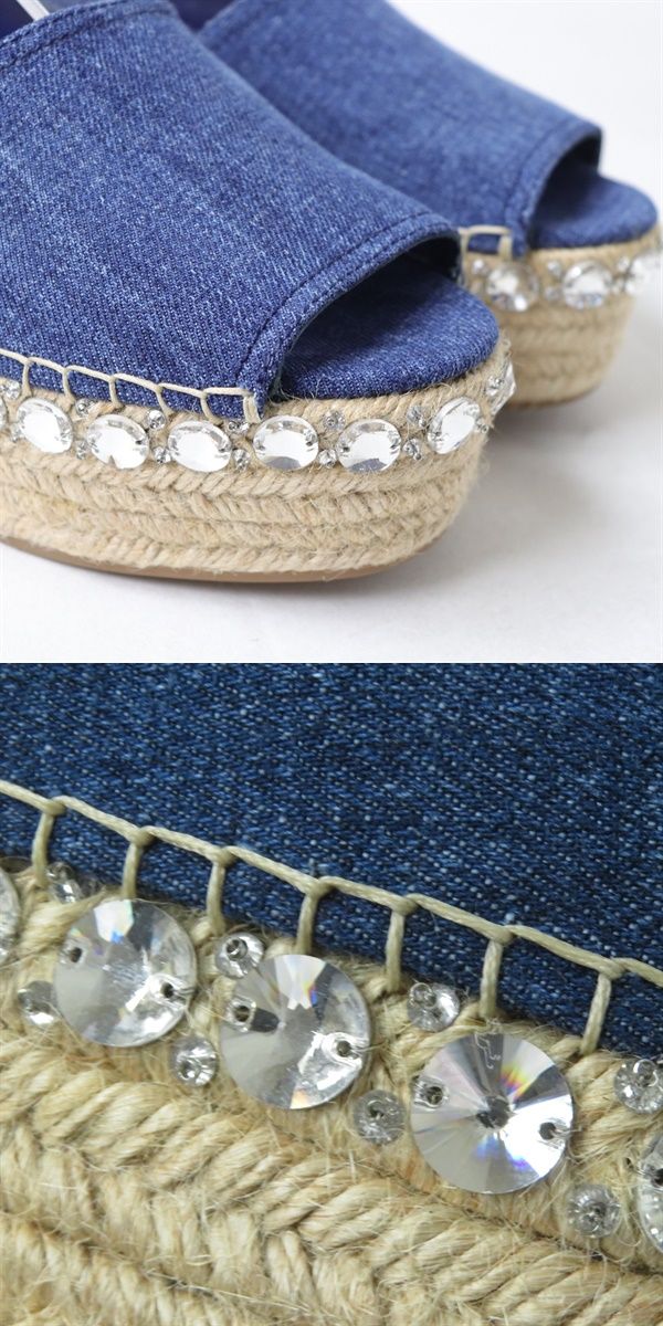 Miu Miu Bejeweled Open Toe Denim Espadrilles