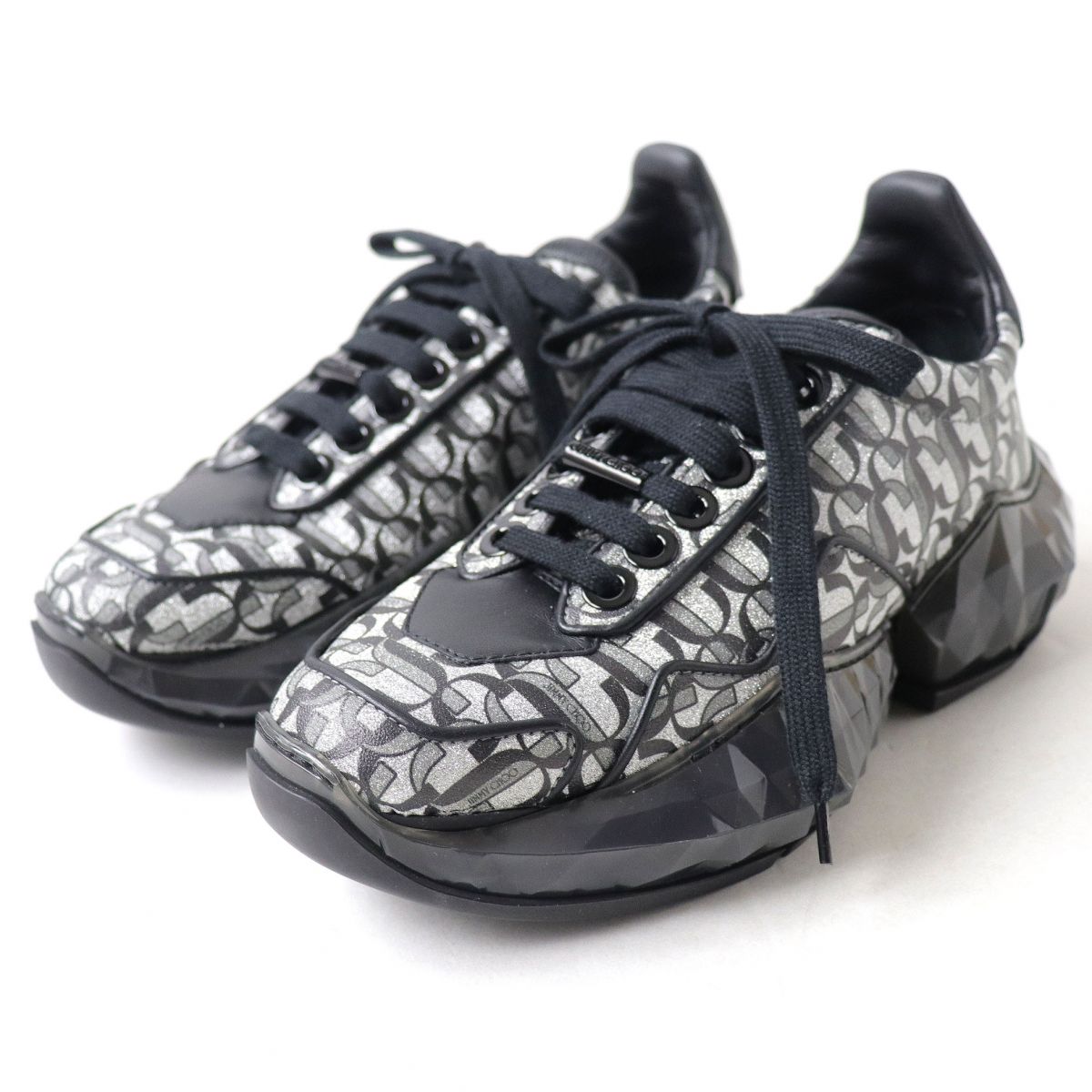 Jimmy Choo Glitter Leather Sneakers Silver Black