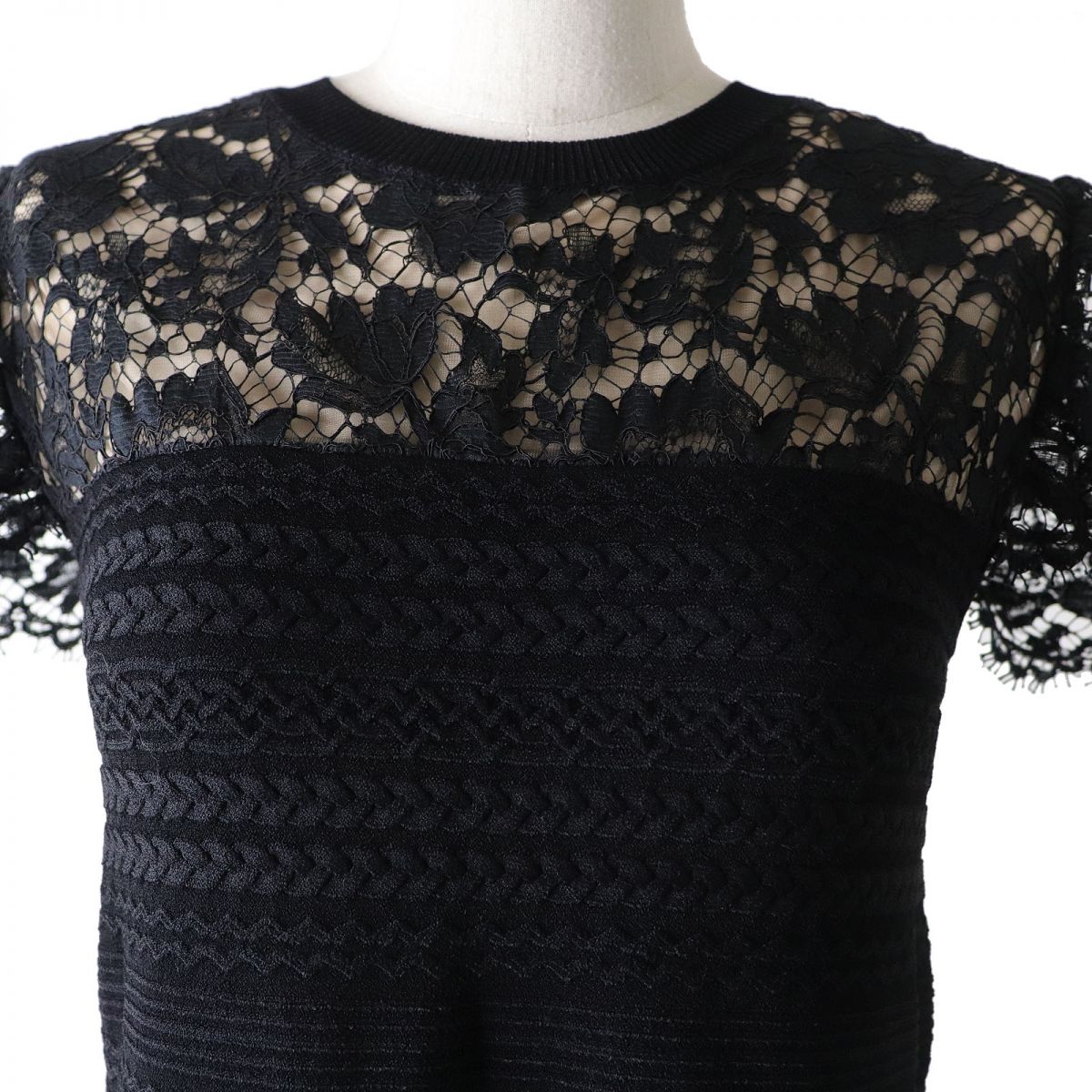 Valentino Puff Sleeve Lace Silk Knit Dress Black L