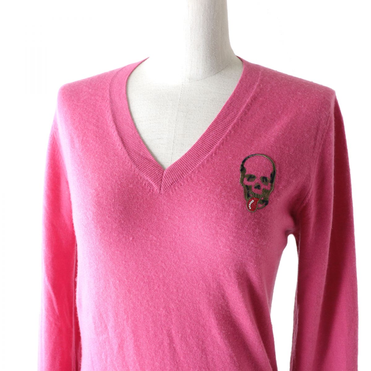 Lucien Pellat-Finet Camouflage Skull Rhinestone Cashmere V-Neck Sweater Women's Pink S