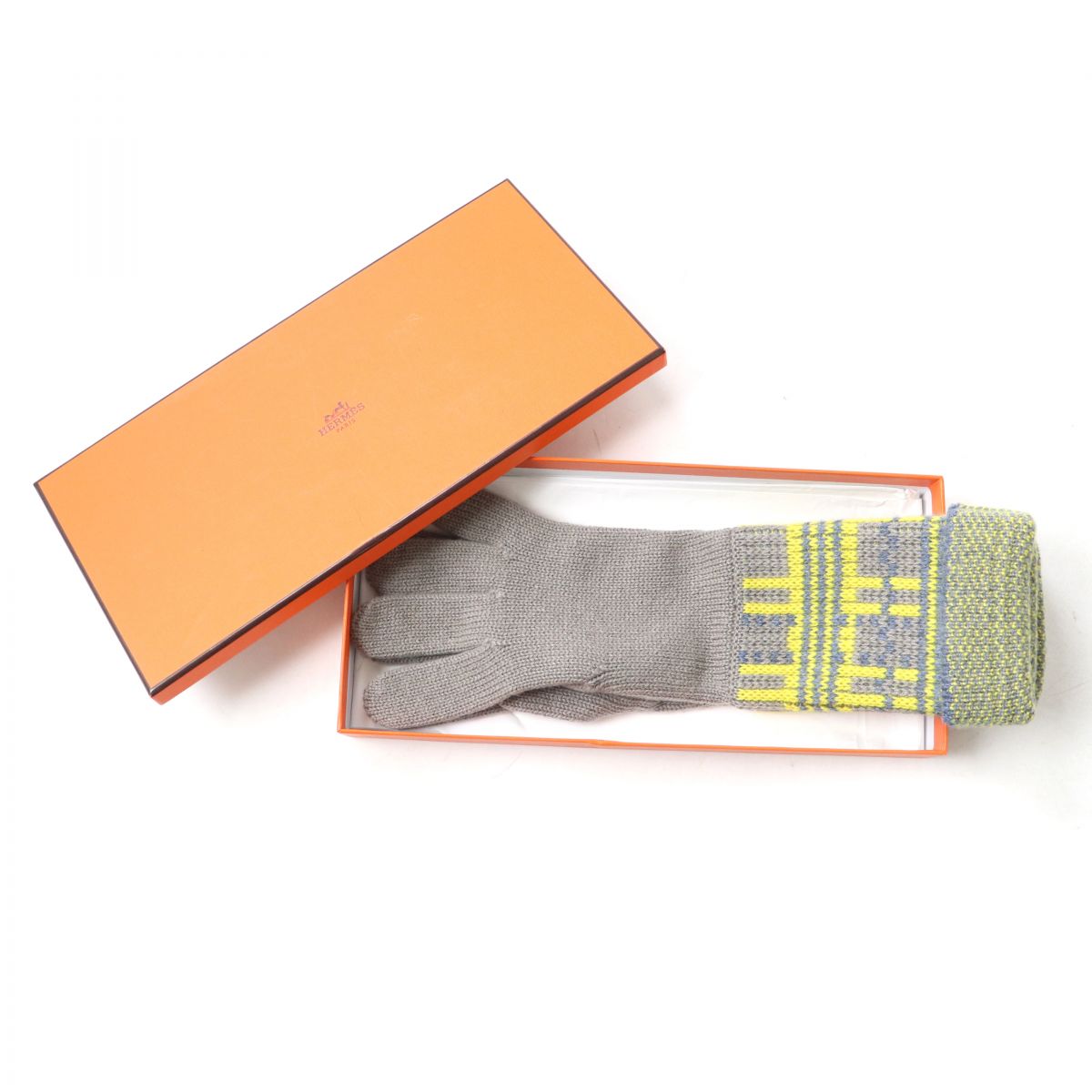 HERMES Cashmere Knit Gloves Women Gray Yellow