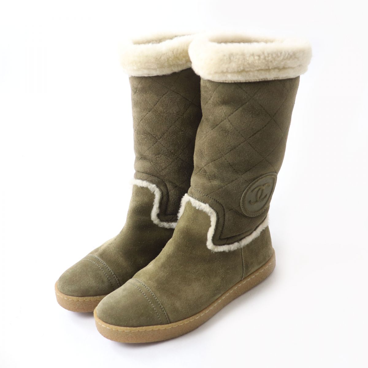 Chanel Shearling Boots G26557 Khaki Ivory