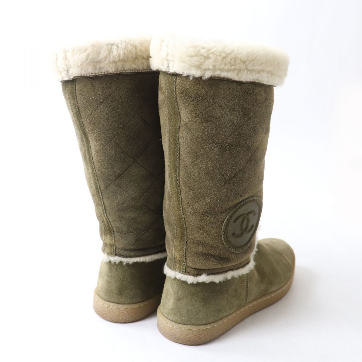 Chanel Shearling Boots G26557 Khaki Ivory