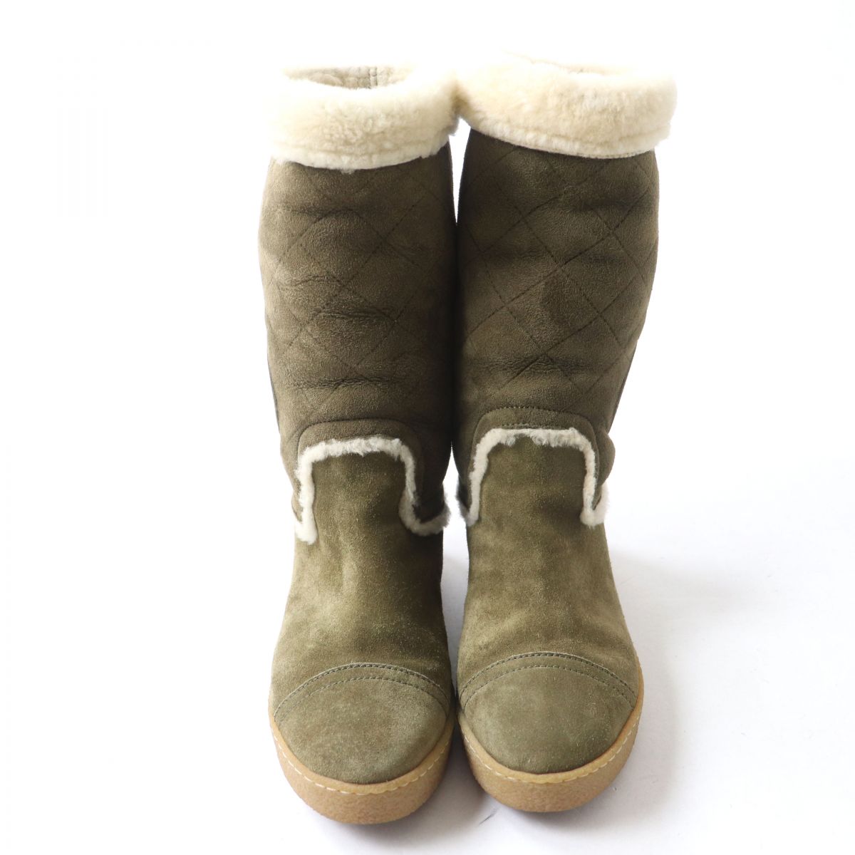 Chanel Shearling Boots G26557 Khaki Ivory