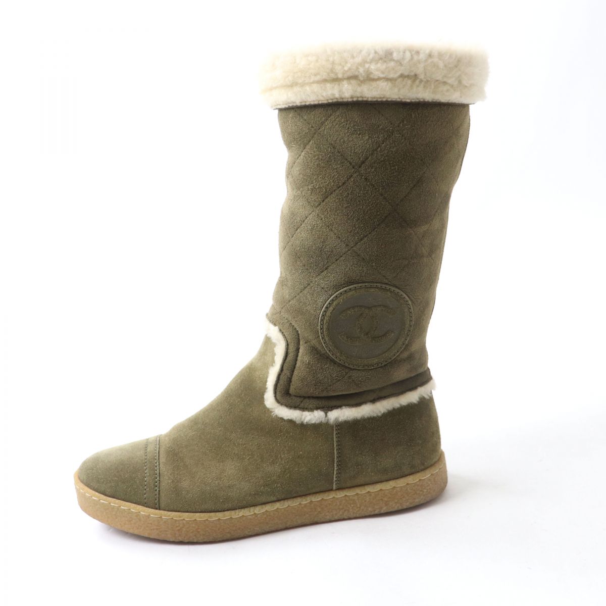 Chanel Shearling Boots G26557 Khaki Ivory