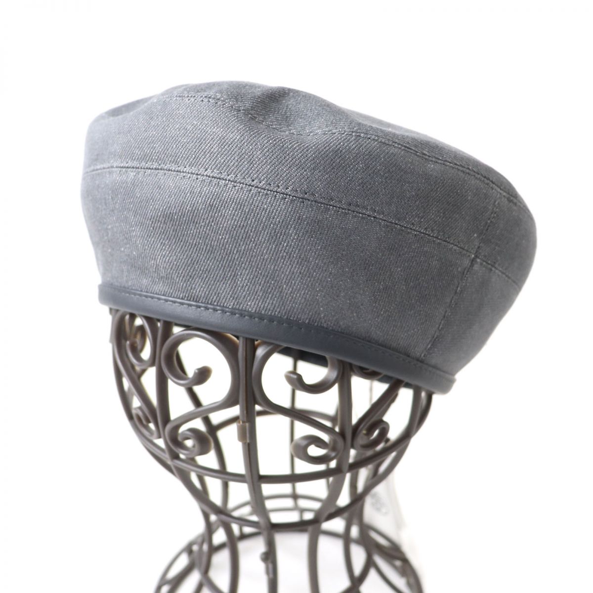 Hermes Cotton Leather Beret Hat Gray 57