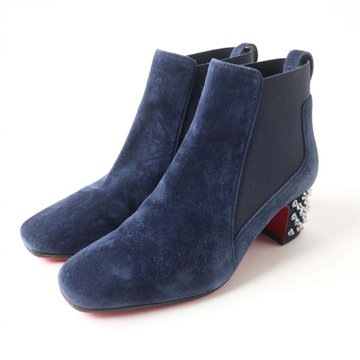 Christian Louboutin Suede Leather Spike Stud Short Boots Navy Size 35