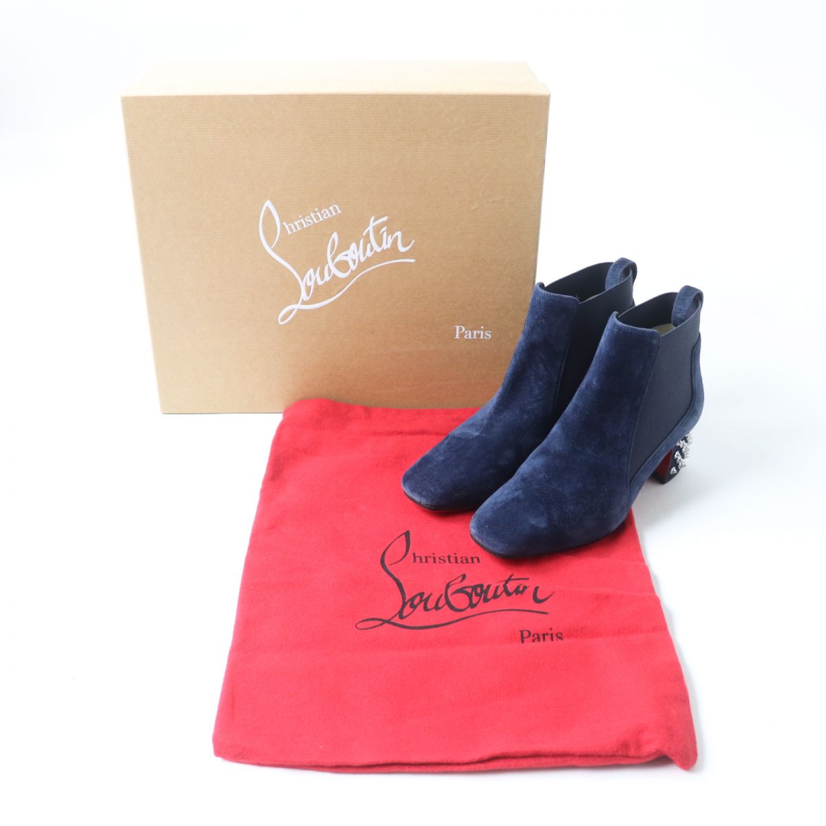 Christian Louboutin Suede Leather Spike Stud Short Boots Navy Size 35