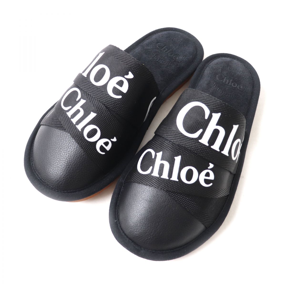 Chloe WOODY Logo Mules Slippers Black