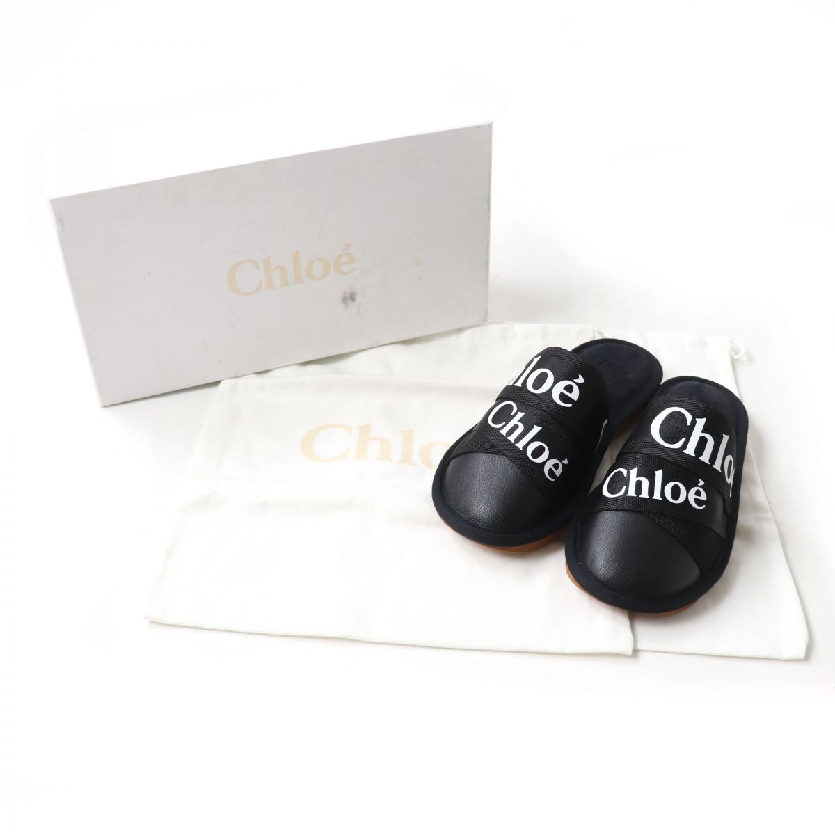 Chloe WOODY Logo Mules Slippers Black