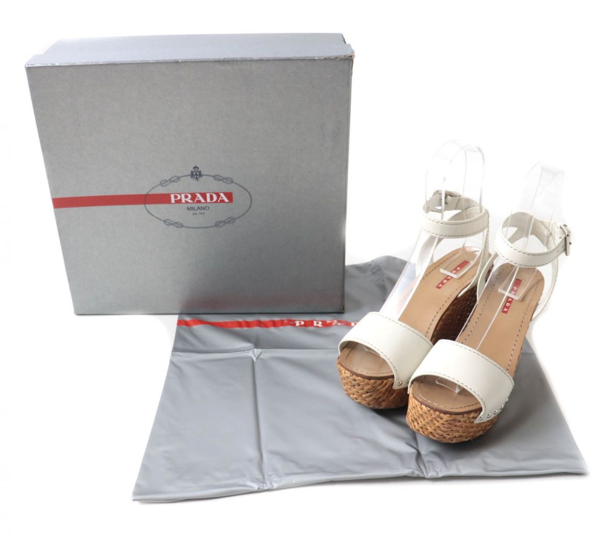 Prada Leather Wedge Sole Clog Sandals White