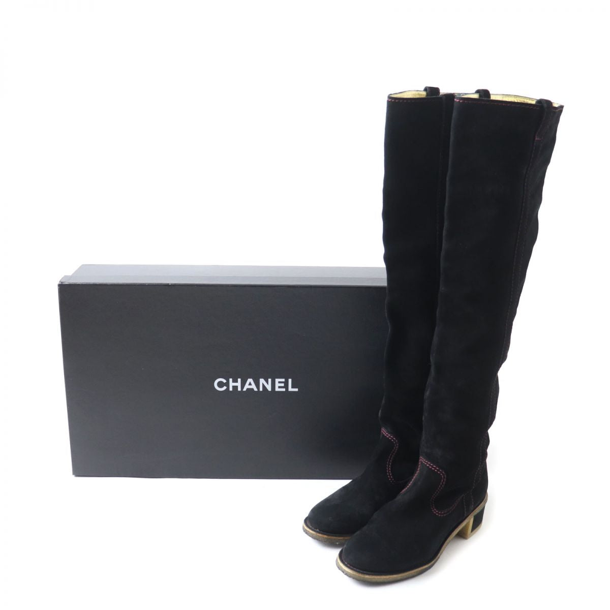 Chanel Suede Leather Long Boots, Black, Size 36