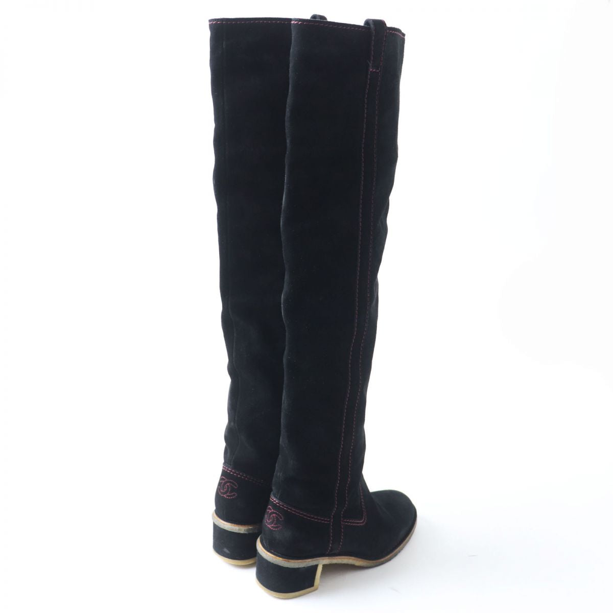 Chanel Suede Leather Long Boots, Black, Size 36