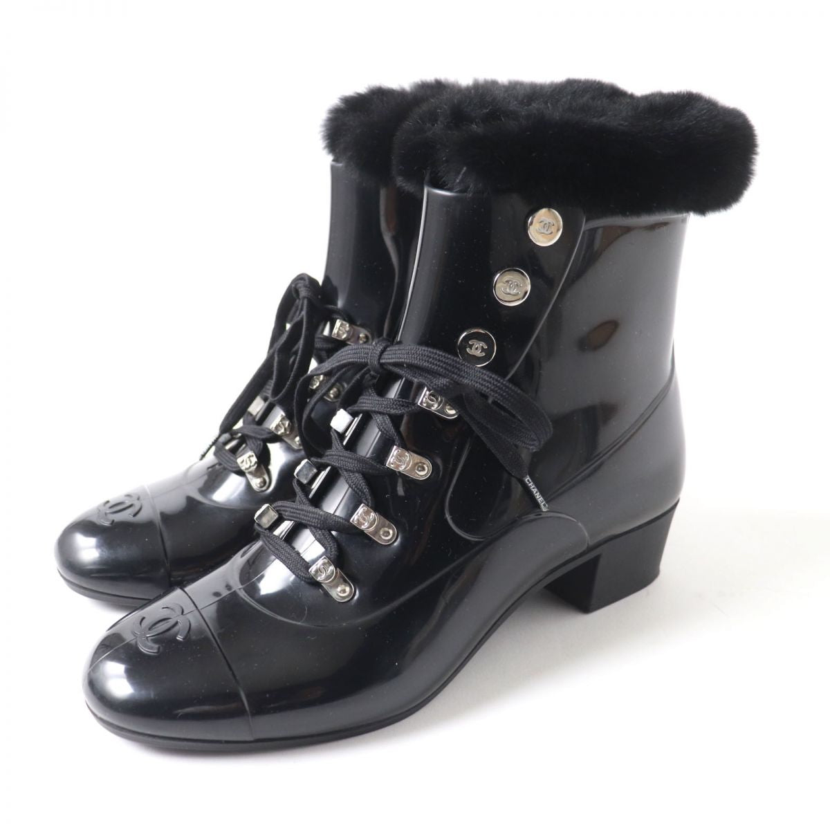 Chanel COCO Mark Fur Lace-Up Rain Boots