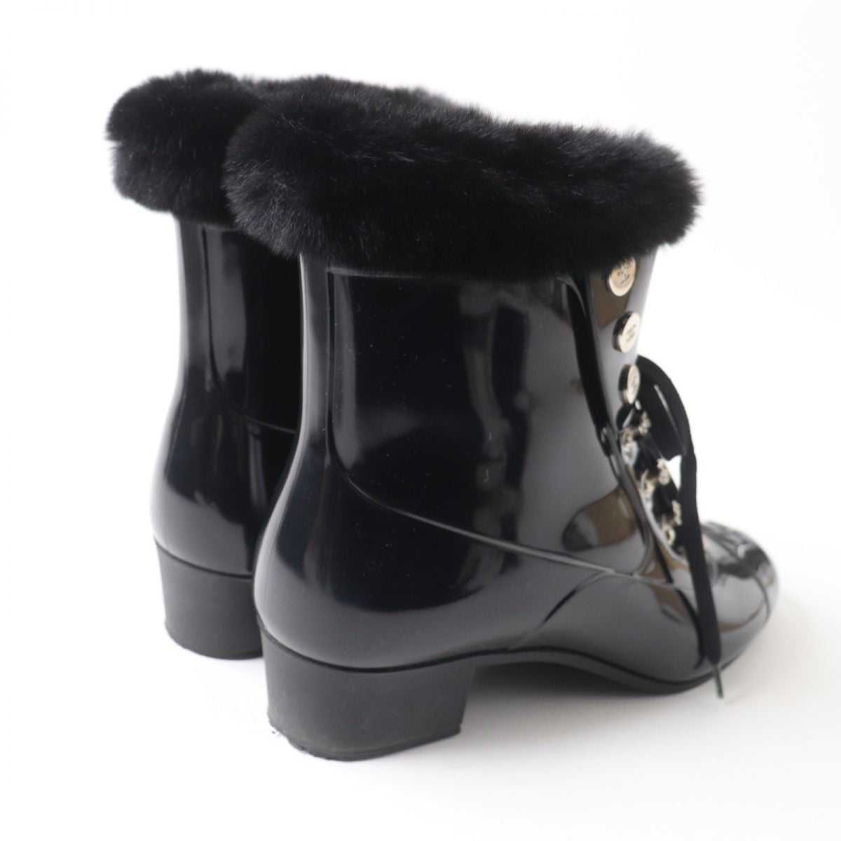 Chanel COCO Mark Fur Lace-Up Rain Boots